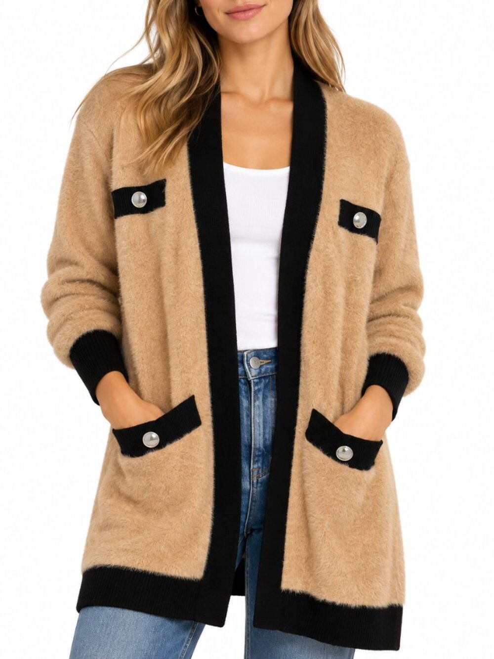 Rachel Zoe Tan & Black Eyelash Fuzzy Knit Open Cardigan - Size S